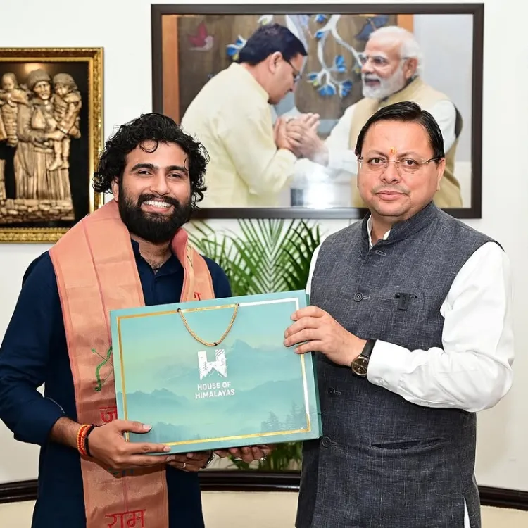 Mc square taking gift from uttarakhand chief minister pushkar singh dhami