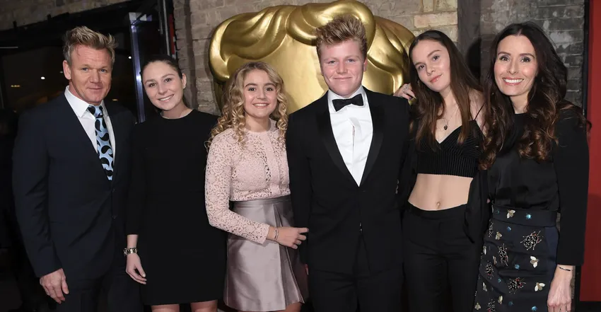 From left - Gordon Ramsay, Holly Anna Ramsay, Matilda Ramsay, Jack Scott Ramsay, Megan Jane Ramsay and Tana Ramsay attend the BAFTA Children's Awards in London, England (2016)