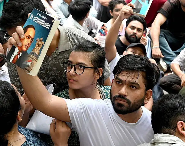 Abhijeet Dipke, 'Cockroach Janta Party' leader with supporters during the protests at Jantar Mantar, on June 6, 2026 in New Delhi, India