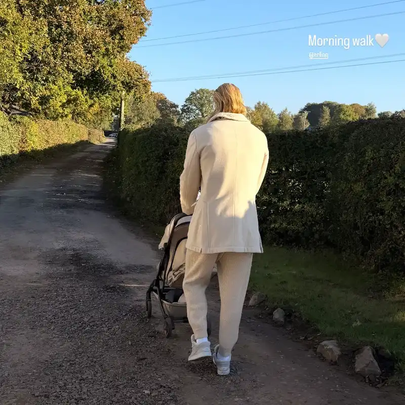 Erling Haaland at morning walk with his baby, Isabel Haugseng Johansen behind the camera