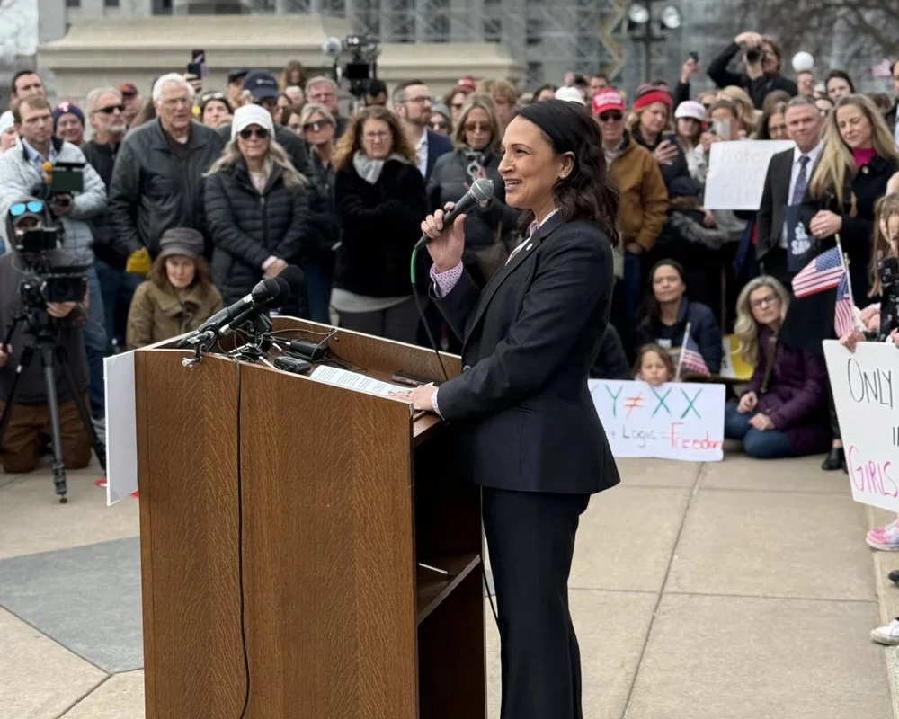 Lisa Demuth speaking at the Minnesota State Capitol rally to protect girls' sports